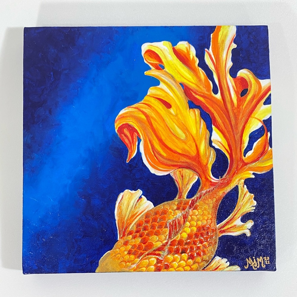 Original Art Painting 'Goldfish" 12x12 Gallery Wrap Canvas Gallery Wall Koi